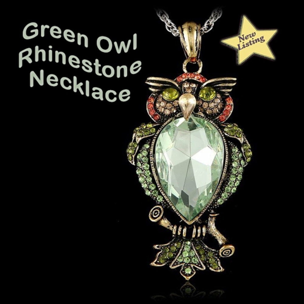 Green Rhinestone Crystal Owl Necklace Pendant
